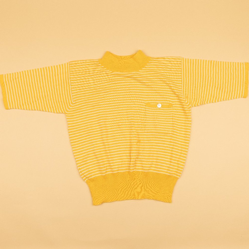 Vintage Sweater Crop Top Yellow White Stripe Pocket